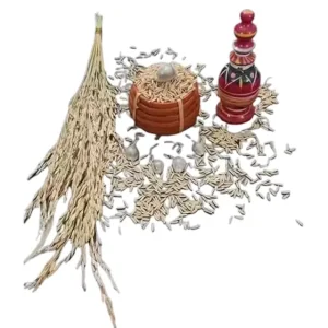 Traditional Puja Samagri Set for Lakshmi Puja & Bengali Wedding Rituals | Dhaan, 5 Kaudi (Sea Shells), Sarer Bati & Hand-Painted Wooden Kalash