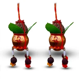 Decorative Mangal Kalash with Coconut & Rudraksha Beads, Golden Pot, Door Hanging for Main Door Entrance, Kids Room & Pooja Mandir - Pack of 2