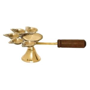 Golden Brass Panchdeep Diya for 5 Cotton Wicks with Wooden Holder - Decorative Brass Diya for Spiritual Ceremonies, Home Decor - Gift for Diwali, Navratri Festivals & Religious Occasions