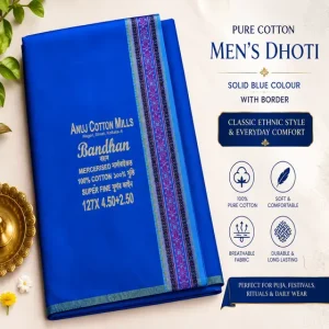 Pure Cotton Men's Solid Blue Colour Cotton Dhoti With Border – Classic Ethnic Style & Everyday Comfort