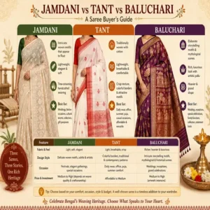 Jamdani vs Tant vs Baluchari: A Saree Buyer’s Guide