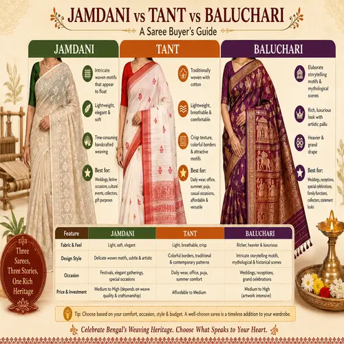 Jamdani vs Tant vs Baluchari: A Saree Buyer’s Guide