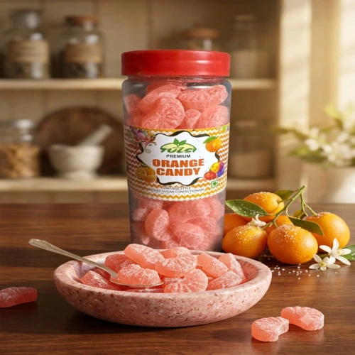 Vintage Style Orange Hard Boiled Candy | Fresh & Tangy Citrus Sugar Slice Candies | Traditional Indian Sweet Toffee Pack in Airtight Jar