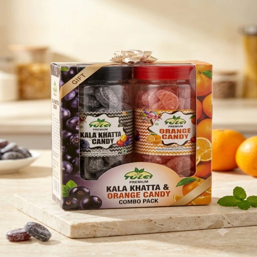 Premium Kala Khatta & Tangy Orange Candy Combo Pack | Vintage Style Boiled Sugar Sweets Jars | Indian Chatpata Digestif & Citrus Hard Candies Pack of 2