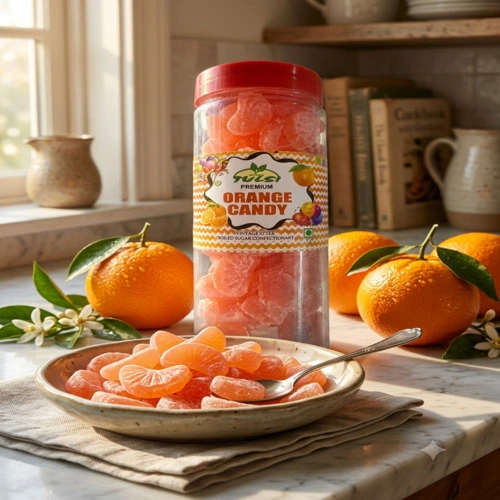 Vintage Style Orange Hard Boiled Candy | Fresh & Tangy Citrus Sugar Slice Candies | Traditional Indian Sweet Toffee Pack in Airtight Jar